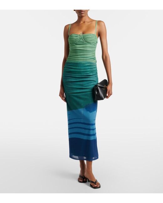 Sir Green Draped Printed Mesh Maxi Dress