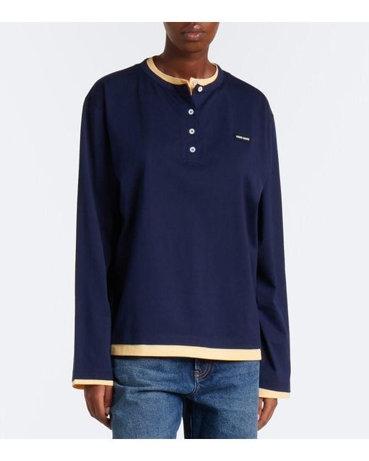 Miu Miu Blue Layered Cotton Jersey Henley Shirt