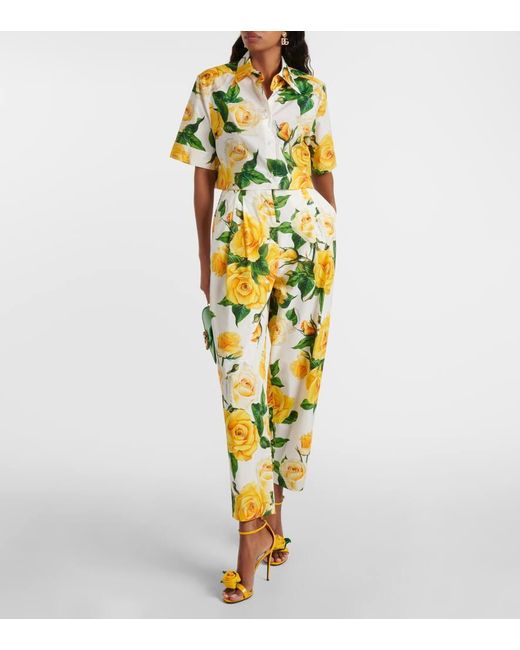 Pantaloni cropped in cotone con stampa floreale di Dolce & Gabbana in Yellow
