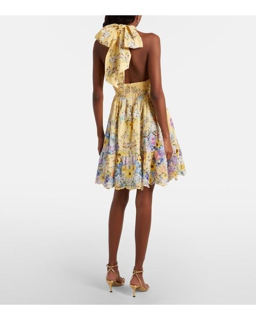 Camilla Metallic Embellished Floral Halterneck Linen Minidress