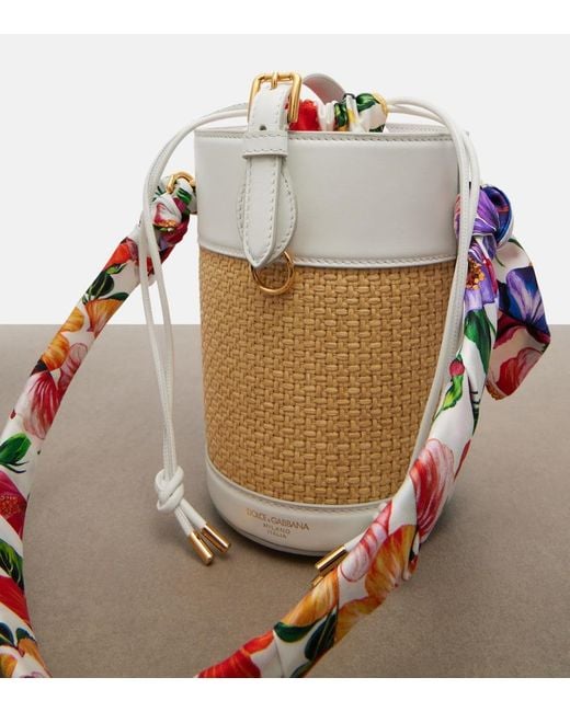 Dolce & Gabbana White Leather-Trimmed Raffia Bucket Bag