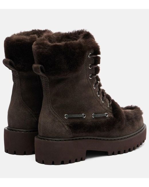 Brunello Cucinelli Black Monili Shearling-Trimmed Suede Lace-Up Boots