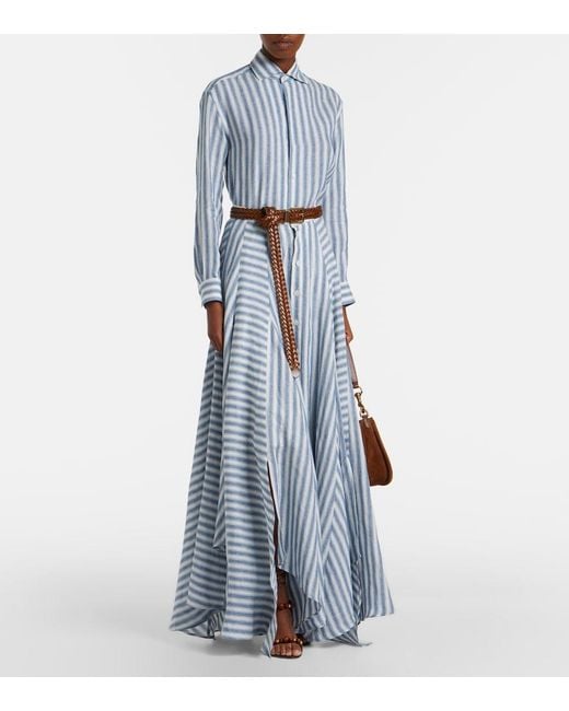 Ralph Lauren Blue Shamus Striped Linen Maxi Skirt