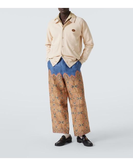 Valentino Blue Printed Linen Wide-Leg Pants for men