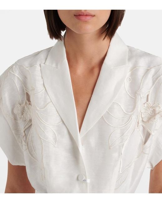 LEO LIN White Aubrey Floral-Applique Linen-Blend Shirt Dress