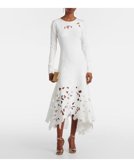 Oscar de la Renta White Lace-Trimmed Asymmetric Midi Dress