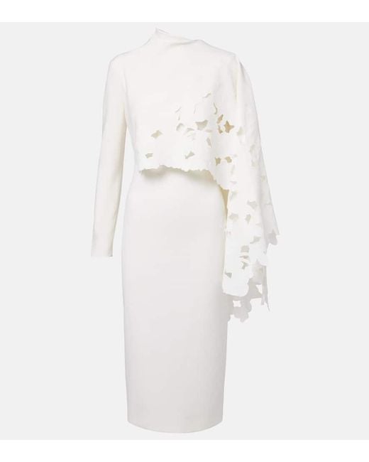 Oscar de la Renta White Cape-Detail Wool-Blend Midi Dress