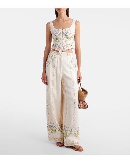 Agua Bendita Natural Tota Floral Linen Wide-Leg Pants