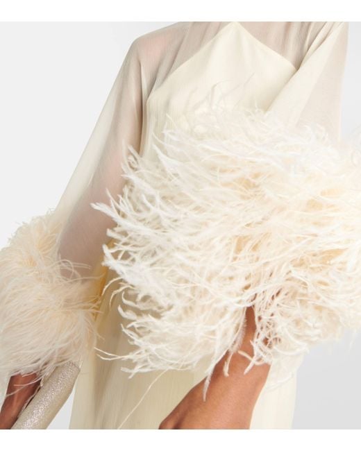 ‎Taller Marmo White Penelope Feather-trimmed Silk Kaftan