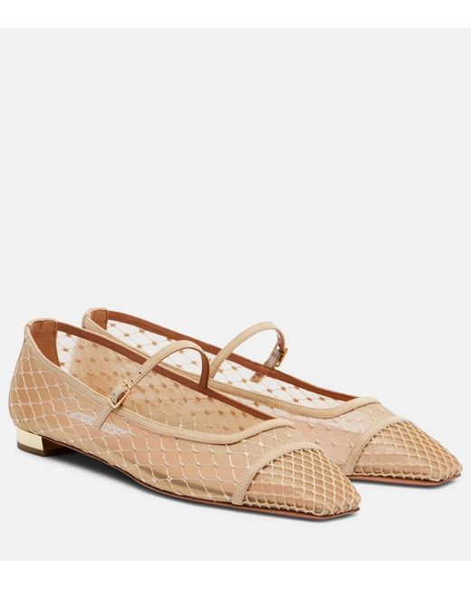 Aquazzura Natural Juliette Suede-Trimmed Mary Jane Flats