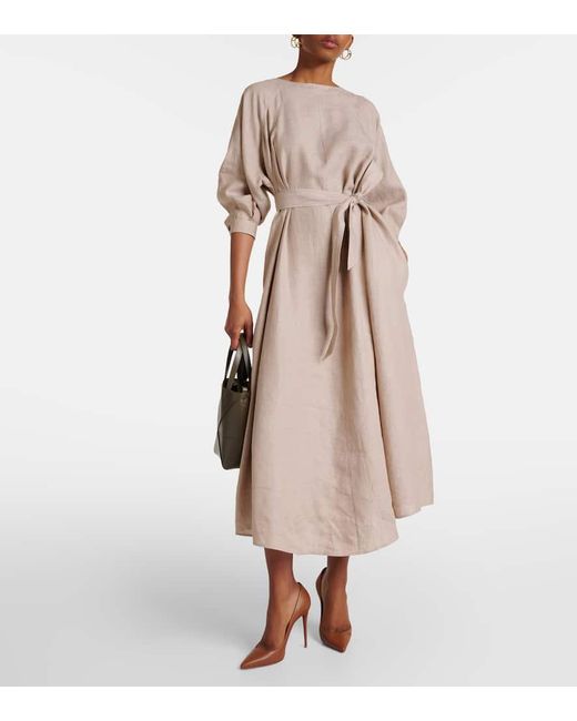 Loro Piana Natural Belted Linen Midi Dress