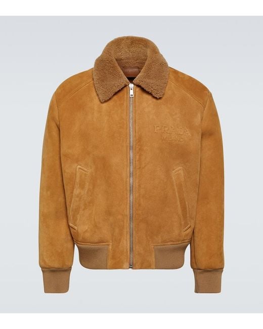 Prada Brown Shearling-Trimmed Suede Bomber Jacket