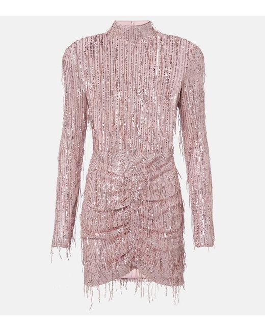 ROTATE BIRGER CHRISTENSEN Pink Fringed Ruched Lurex Cocktail Dress