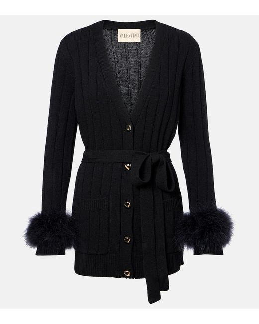 Valentino Black Feather-Trimmed Virgin Wool Cardigan