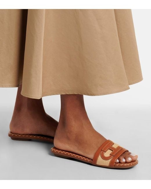 Hogan Brown Leather-Trimmed Raffia Slides