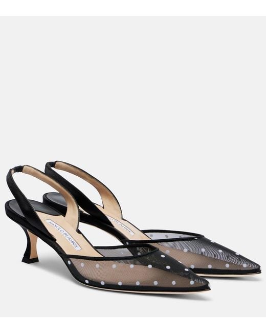 Manolo Blahnik Black Carolyne 50 Polka-Dot Mesh Slingback Pumps