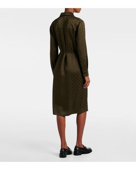 Gucci Green Gg Belted Satin Jacquard Shirt Dress