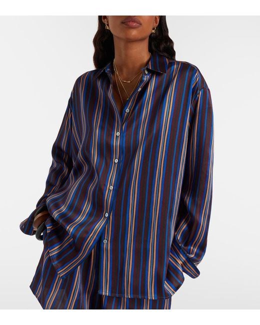 Asceno Blue Maya Striped Silk Charmeuse Pajama Shirt