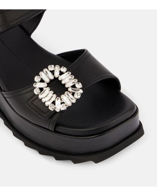Roger Vivier Black Slidy Viv' Embellished Leather Wedge Sandals