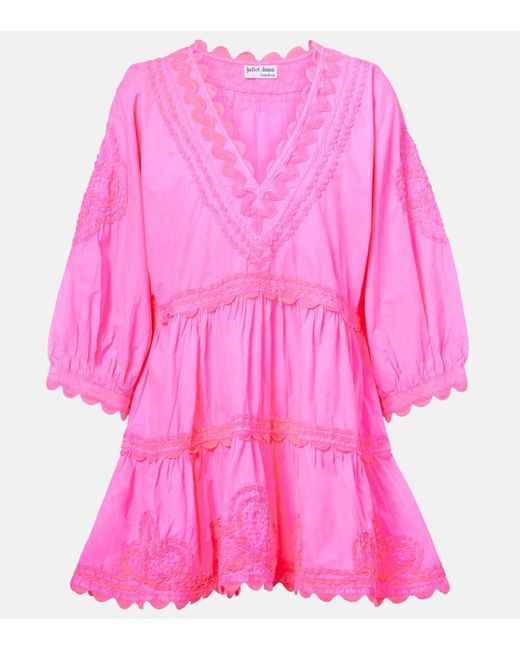 Juliet Dunn Pink Embroidered Tiered Cotton Poplin Minidress