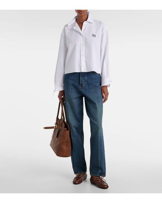 Camisa De Popelin De Algodon Cropped Miu Miu de color White