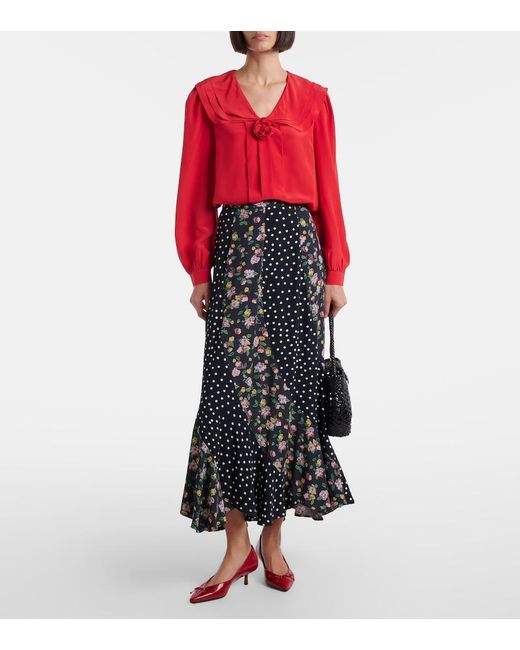Rixo Red Emelin Floral-Applique Silk Blouse