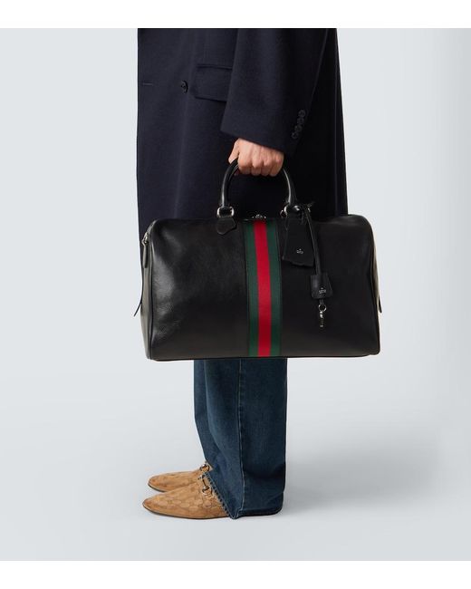 Gucci Black Web Trademark Medium Leather Duffel Bag for men