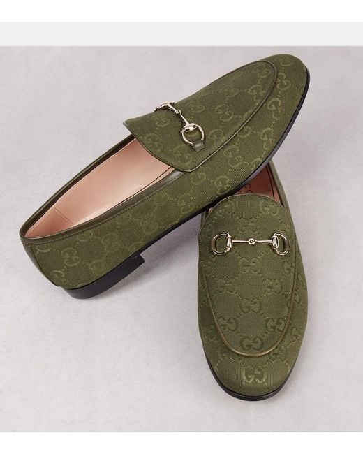 Gucci Green Jordaan Horsebit-Detailed Leather-Trimmed Canvas-Jacquard Loafers