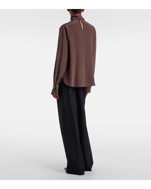 Blusa De Seda Con Cuentas Monili Brunello Cucinelli de color Brown