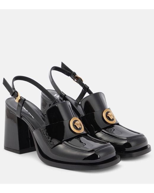 Versace Black Alia Patent Leather Slingback Loafer Pumps