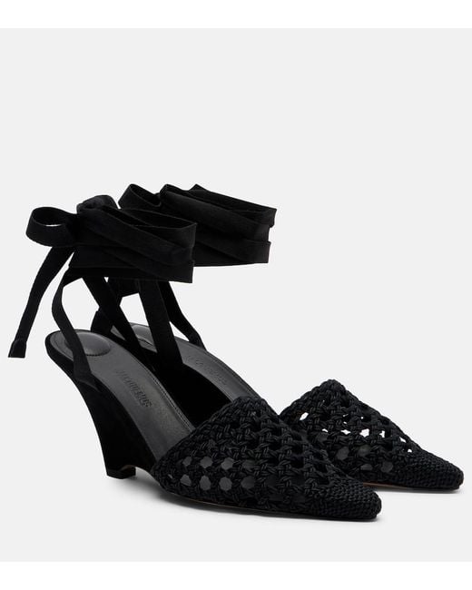 Jacquemus Black Woven Raffia-Effect Wedges