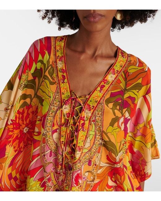 Camilla Orange Embellished Floral Silk Beach Dress