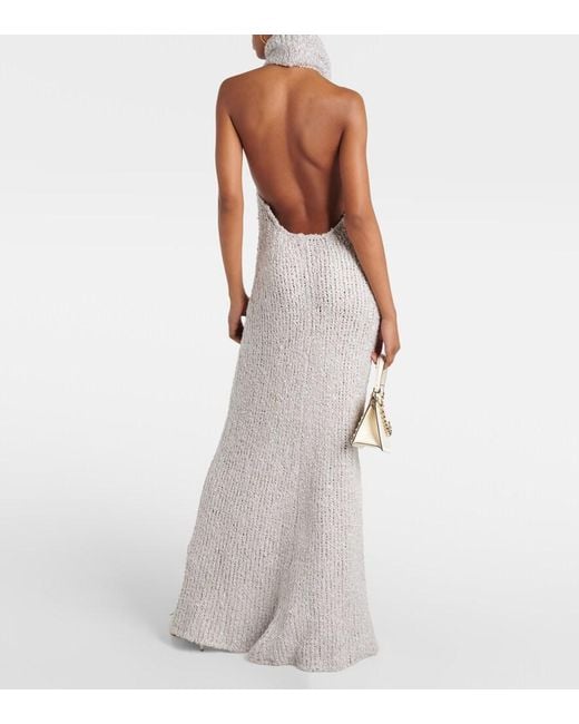 Valentino White Turtleneck Silk Boucle Maxi Dress