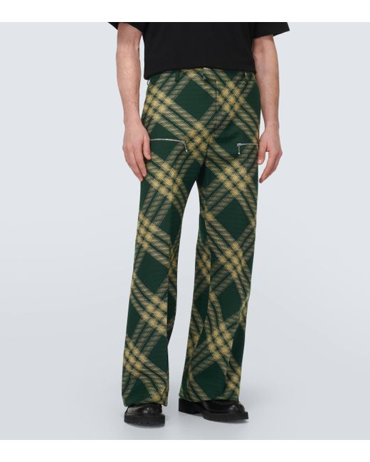 Burberry Green Checked Wool Twill Straight Pants for men