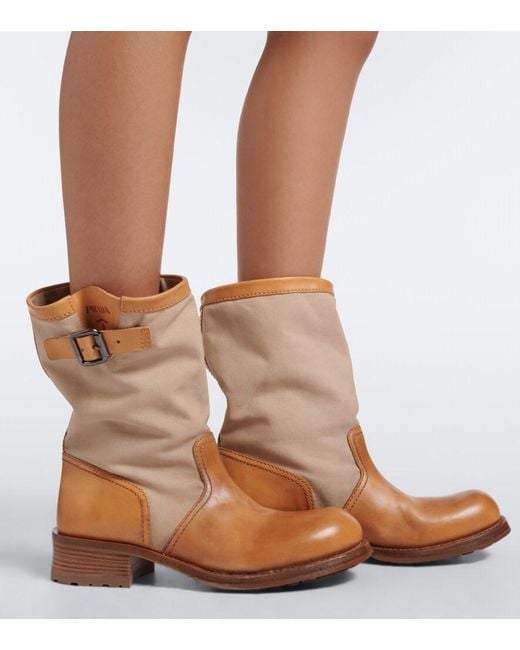 Prada Brown Leather And Canvas Biker Boots