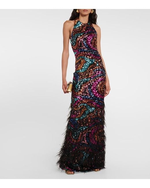 Rebecca Vallance Multicolor Kiki Feather-trimmed Sequined Gown