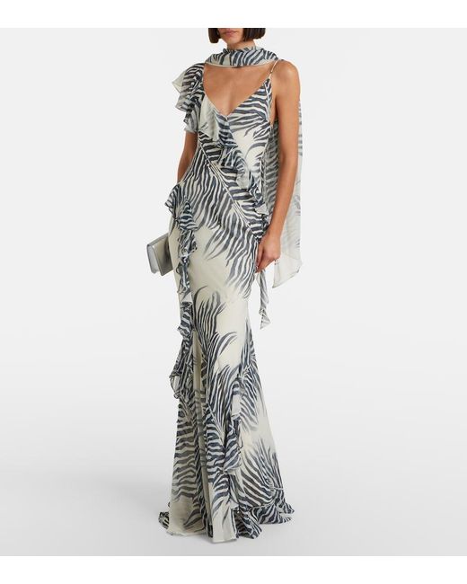 De La Vali White Mayara Zebra-Print Georgette Maxi Dress