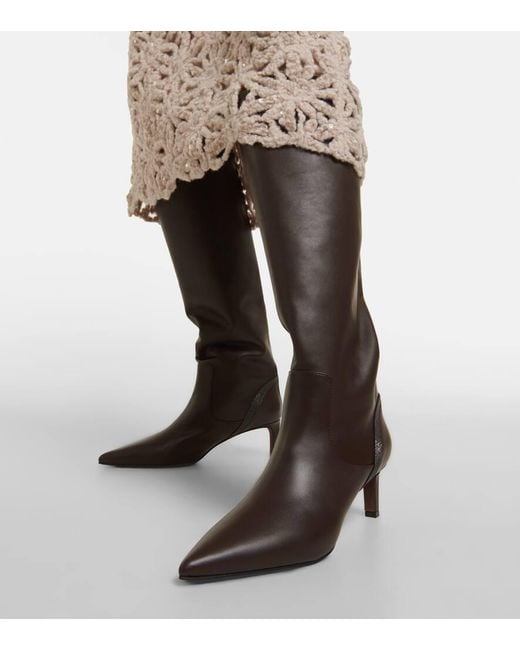 Brunello Cucinelli Brown Embellished Leather Knee-High Boots