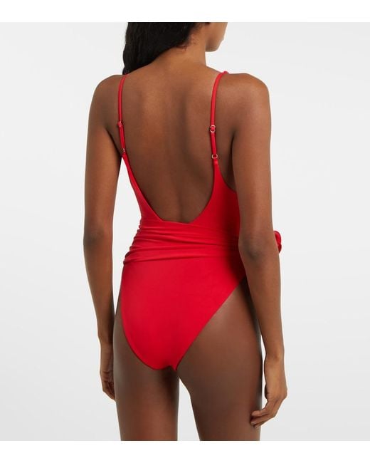 Magda Butrym Red Floral-Applique Ruched Swimsuit