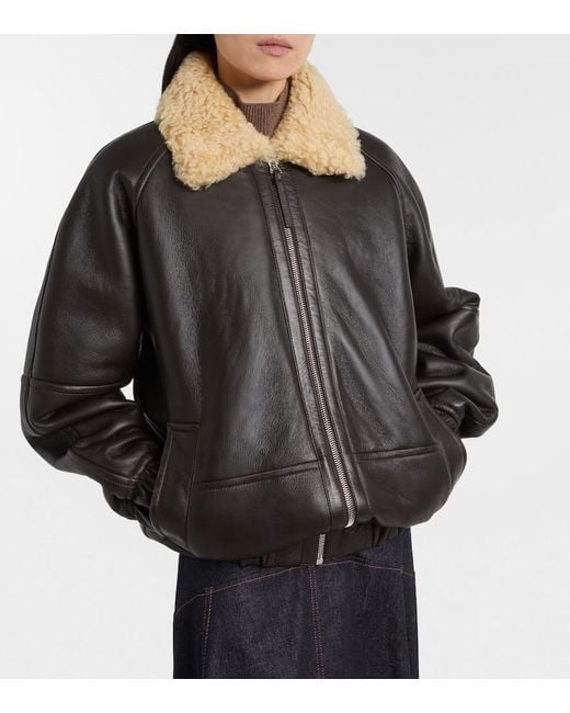 Jacquemus Black Bombardier Shearling-Trimmed Leather Bomber Jacket