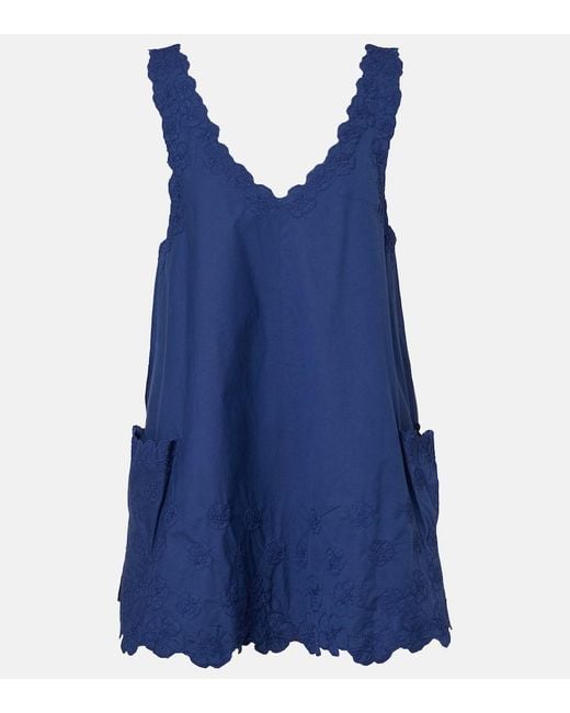 Juliet Dunn Blue Floral Embroidered Cotton Poplin Minidress