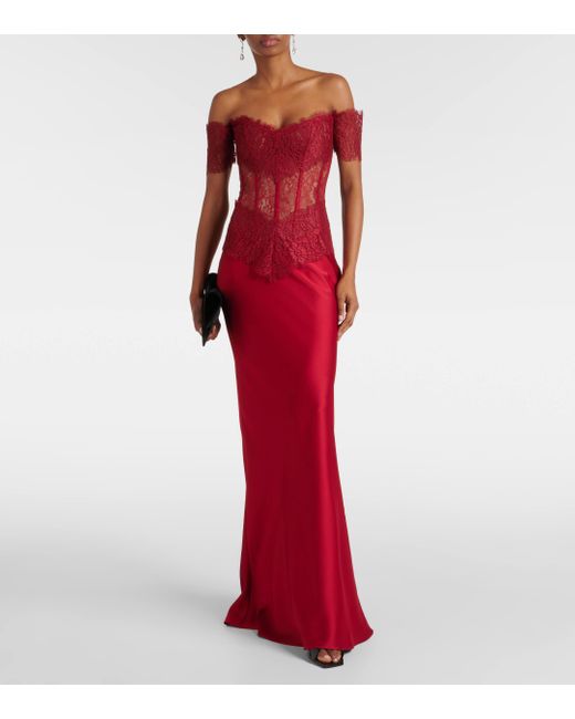 Rasario Red Corset Off-shoulder Lace And Satin Gown