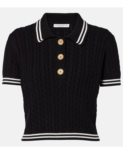 Alessandra Rich Black Cable-Knit Cropped Cotton Polo Shirt
