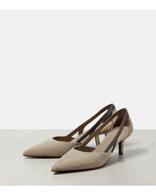 Brunello Cucinelli Natural Embellished Suede Slingback Pumps