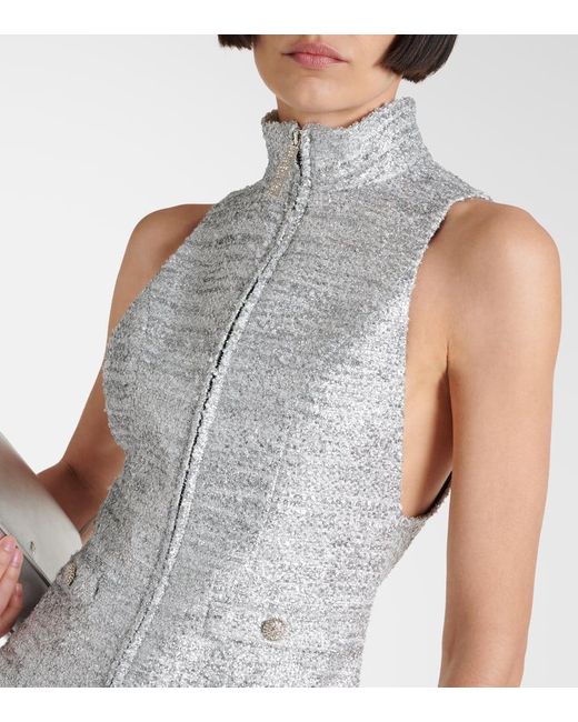Alessandra Rich White Front-Slit Lurex Tweed Midi Dress