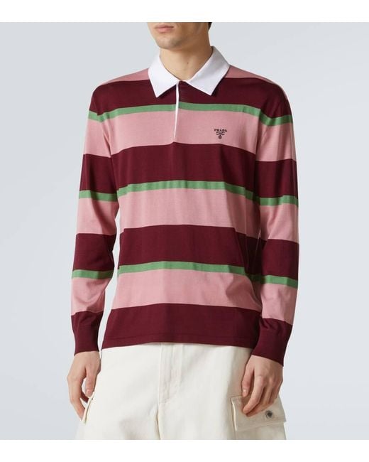 Polo De Seda Y Algodon A Rayas Prada de hombre de color Red