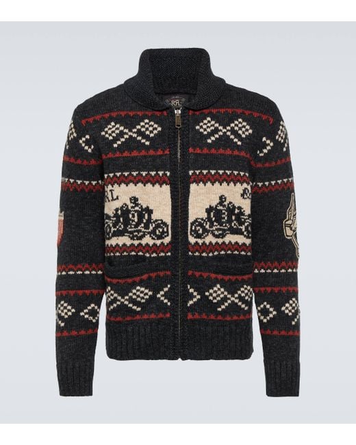 RRL Black Cotton And Wool Zip-up Cardigan for men