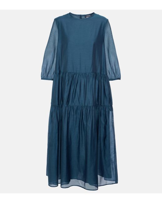 Max Mara Blue Etienne Cotton And Silk Voile Midi Dress