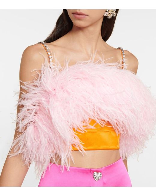 Crop Top De Saten Con Plumas Self-Portrait de color Pink