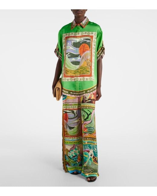 ALÉMAIS Green Lucky Pace Printed Silk Shirt